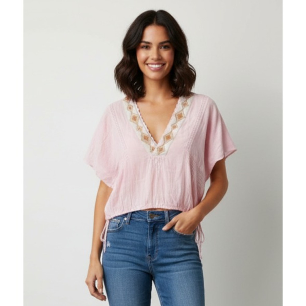 Free People Like A Breeze Cropped Top Womens XS Pink Gauze Cotton Flutter Sleeve